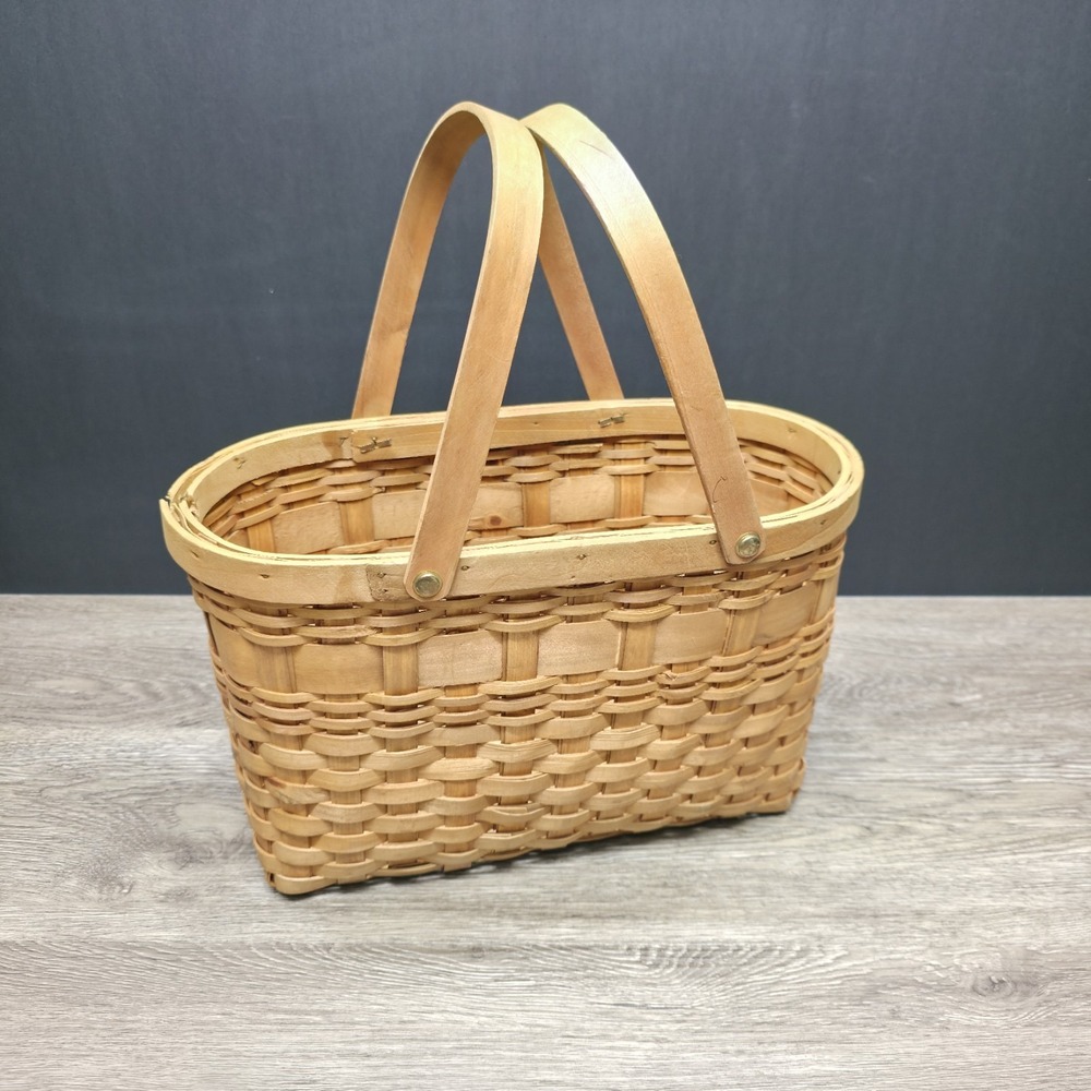 Vintage Double Handled Light Brown Wooden Basket 13x9x6 Rustic Home Decor